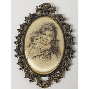 Vintage Giuseppe Tarantino Mother Child Silk Serigraph Italy Ornate Brass Frame